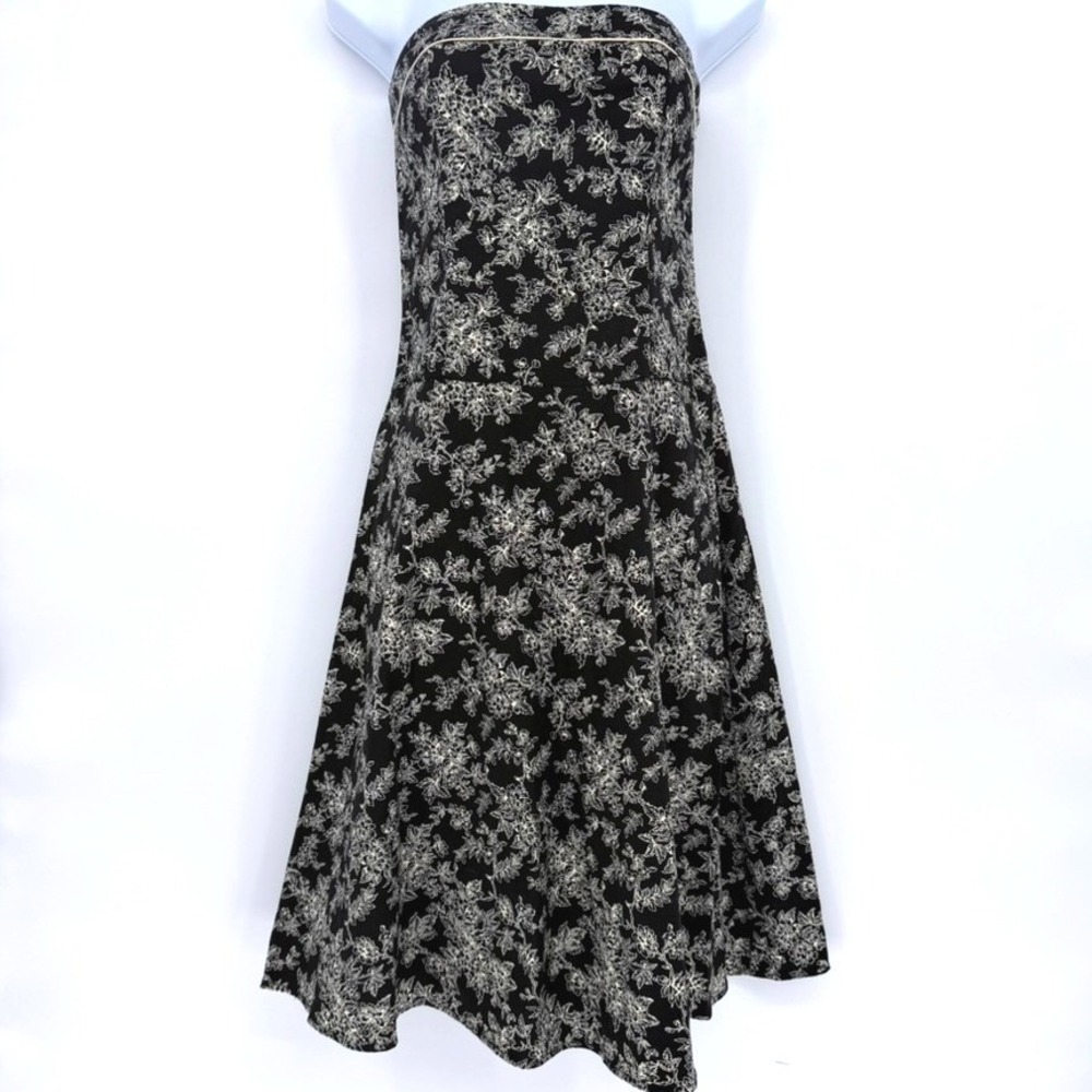 Black Cream Floral‎ Toile Strapless Dress Vintage Size 5 Dark Coquette Toile 90s